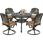 MEETWARM 5-Piece Outdoor Patio Dining Set, All-Weather Cast Aluminum Patio Conversation Set with 4 Cushions Swivel Rocker Chairs for Backyard Garden Deck and 38.5" Round Table, 2.2" Umbrella Hole
