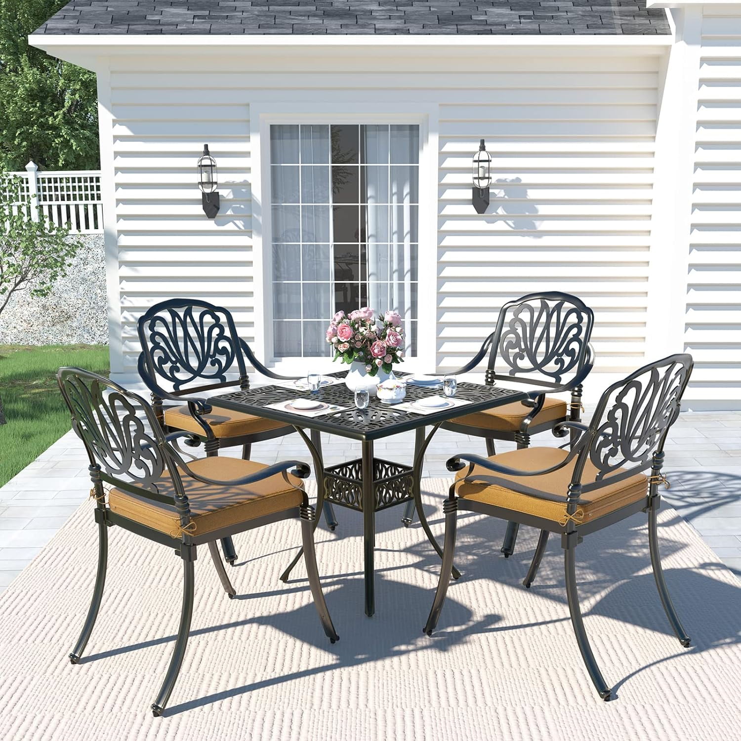 Bronze Cast Aluminum 4-Person Outdoor Dining Set with Khaki Cushions