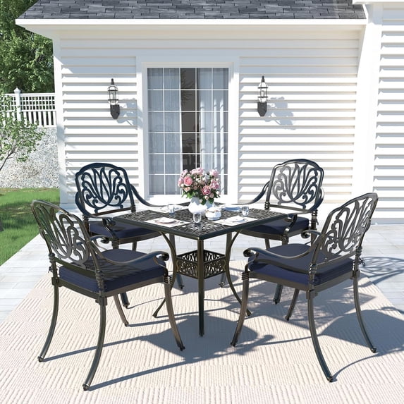 MEETWARM 5-Piece Outdoor Patio Dining Set, All-Weather Cast Aluminum Patio Conversation Set for Backyard Garden Deck with 4 Chairs, 4 Cushions and 35.4" Square Table, 2.2" Umbrella Hole, Navy Blue