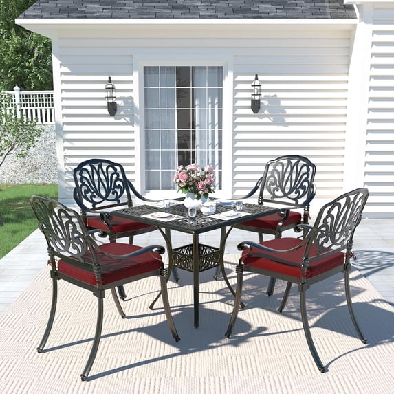 MEETWARM 5-Piece Outdoor Patio Dining Set, All-Weather Cast Aluminum Patio Conversation Set for Backyard Garden Deck with 4 Chairs, 4 Cushions and 35.4" Square Table, 2.2" Umbrella Hole, Chili Red