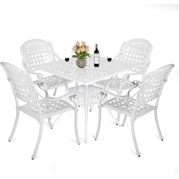 Meetwarm 5 Cast Aluminum All-Weather Outdoor Conversation Sets with Table and WhiteChairs