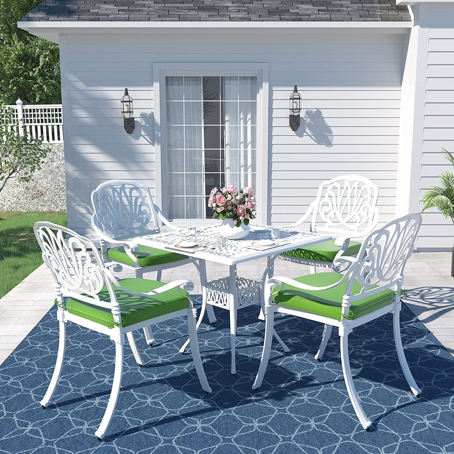 MEETWARM 5 Piece Outdoor Patio Dining Set All Weather Cast Aluminum Patio Conversation Set for Backyard Garden Deck with 4 Chairs 4 Cushions and