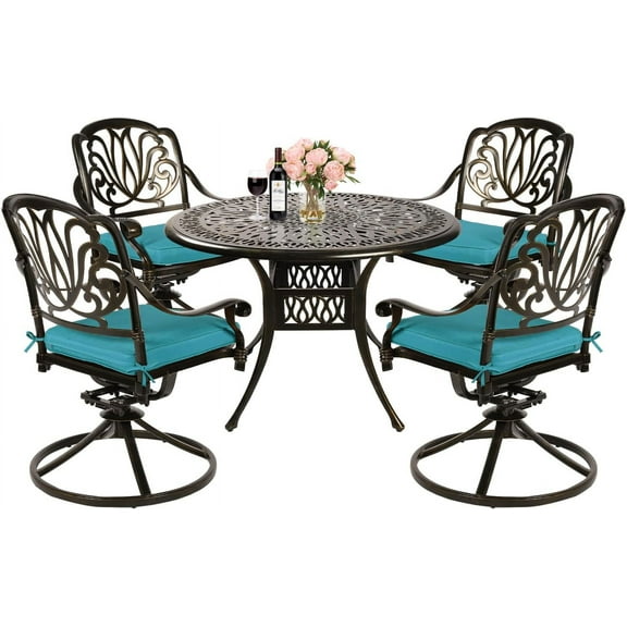 MEETWARM 5-Piece Outdoor Patio Dining Set, All-Weather Cast Aluminum Patio Conversation Set for Backyard Garden Deck with 4 Cushions Swivel Rocker Chairs and 35.4" Round Table, Ocean Blue