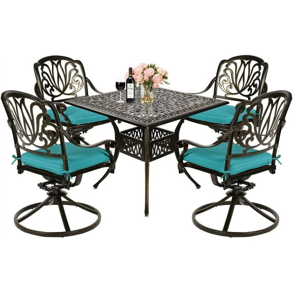 MEETWARM 5-Piece Outdoor Patio Dining Set, All-Weather Cast Aluminum Patio Conversation Set for Backyard Garden Deck with 4 Cushions Swivel Rocker Chairs and 35.4" Square Table, Ocean Blue