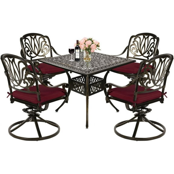 MEETWARM 5-Piece Outdoor Patio Dining Set, All-Weather Cast Aluminum Patio Conversation Set for Backyard Garden Deck with 4 Cushions Swivel Rocker Chairs and 35.4" Square Table, Chili Red