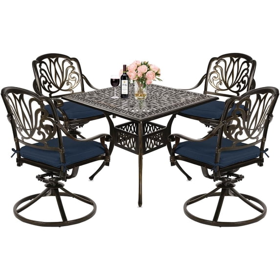 MEETWARM 5-Piece Outdoor Patio Dining Set, All-Weather Cast Aluminum Patio Conversation Set for Backyard Garden Deck with 4 Cushions Swivel Rocker Chairs and 35.4" Square Table, Navy Blue