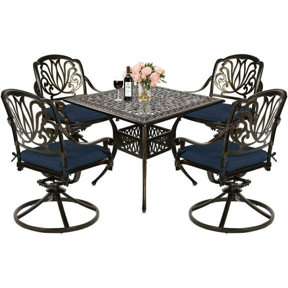 MEETWARM 5-Piece Outdoor Patio Dining Set, All-Weather Cast Aluminum Patio Conversation Set for Backyard Garden Deck with 4 Cushions Swivel Rocker Chairs and 35.4" Square Table, Navy Blue