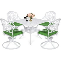 MEETWARM 5-Piece Outdoor Patio Dining Set, All-Weather Cast Aluminum Patio Conversation Set for Backyard Garden Deck with 4 Cushions Swivel Rocker Chairs and 35.4" Square Table, White
