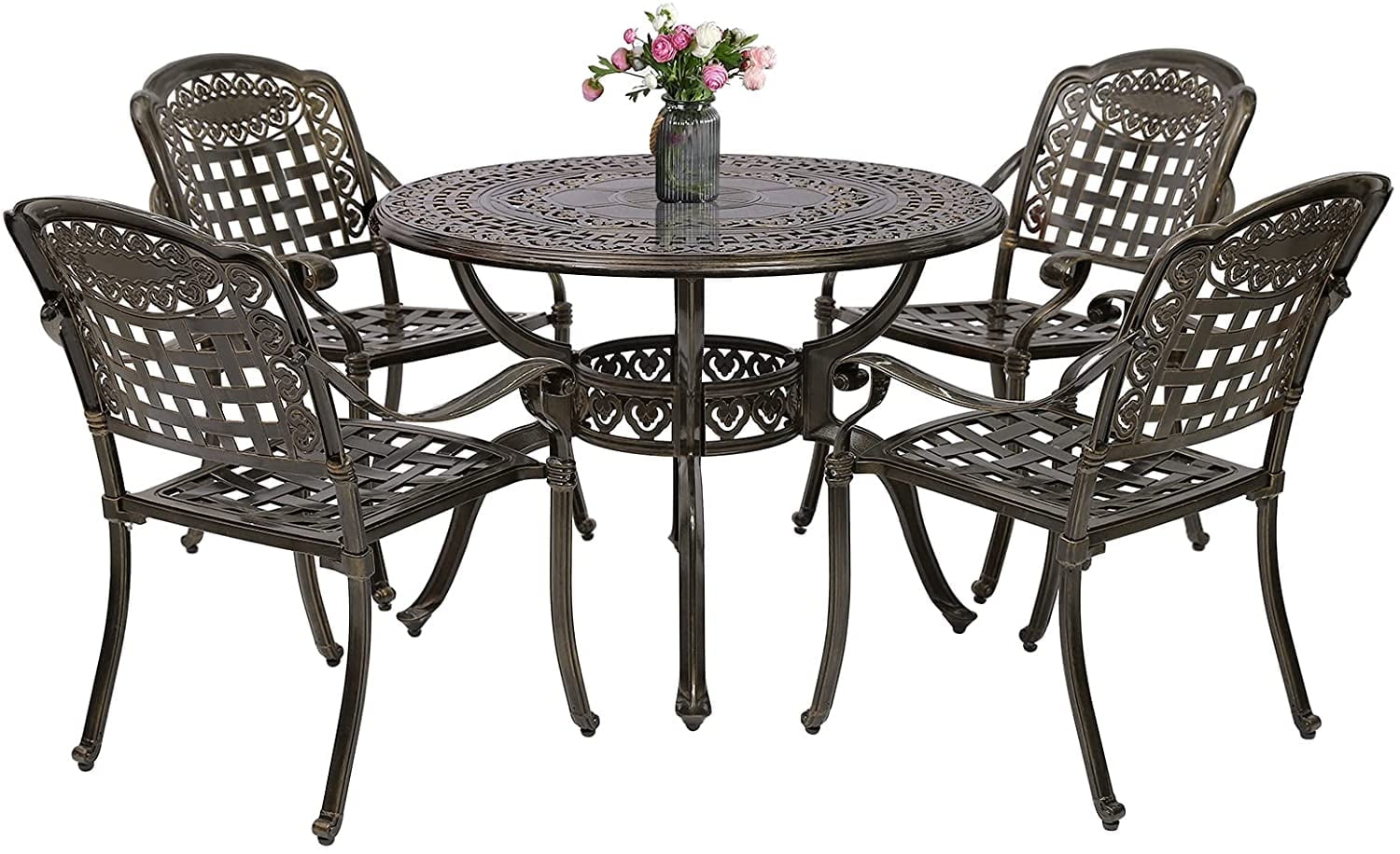 MEETWARM 5 Piece Patio Dining Set, Outdoor All-Weather Cast Aluminum Dining Table Set, Patio Furniture Set for Backyard Garden Deck, Include 4 Chairs and 1 Round Table with Umbrella Hole