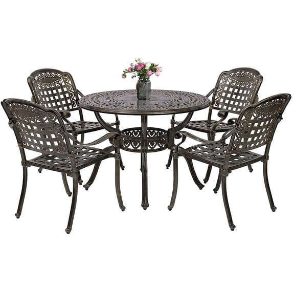 MEETWARM 5 Piece Patio Dining Set, Outdoor All-Weather Cast Aluminum Dining Table Set, Patio Furniture Set for Backyard Garden Deck, Include 4 Chairs and 1 Round Table with Umbrella Hole
