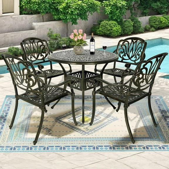 MEETWARM 5 Piece Patio Dining Set, Outdoor All-Weather Cast Aluminum Dining Table Set, Patio Furniture Set for Backyard Garden Deck, Include 4 Chairs and 1 Round Table with Umbrella Hole