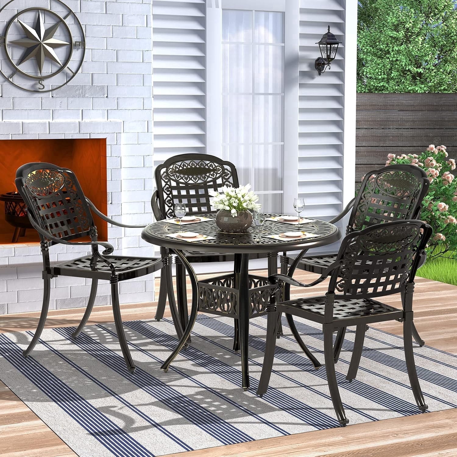 MEETWARM 5 Piece Patio Dining Set, Outdoor All-Weather Cast Aluminum Dining Table Set, Patio Furniture Set for Backyard Garden Deck, Include 4 Chairs and a 35.4" Round Table with Umbrella Hole