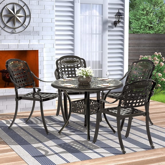 MEETWARM 5 Piece Patio Dining Set, Outdoor All-Weather Cast Aluminum Dining Table Set, Patio Furniture Set for Backyard Garden Deck, Include 4 Chairs and a 35.4" Round Table with Umbrella Hole