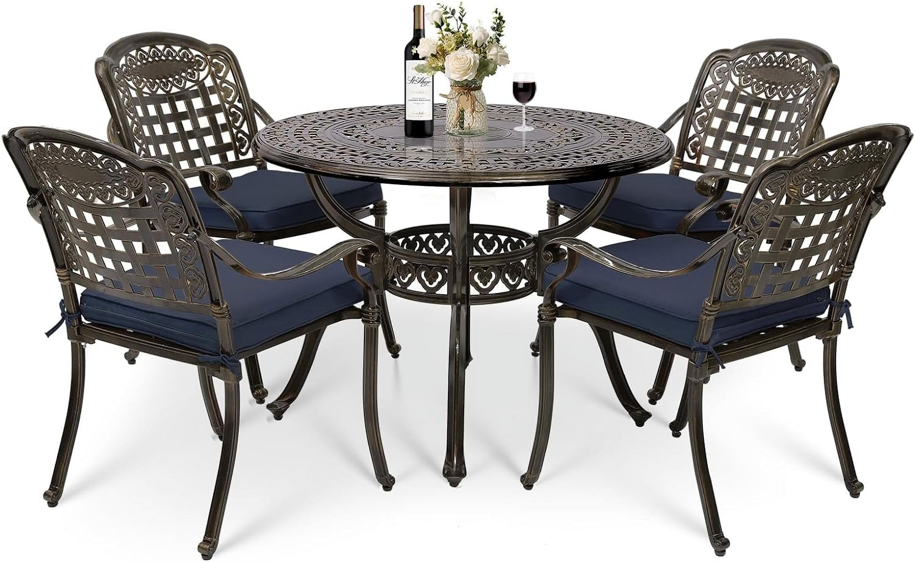MEETWARM 5 Piece Patio Dining Set, Outdoor All-Weather Cast Aluminum Dining Table Set, Patio Furniture Set for Backyard Garden Deck, Include 4 Chairs, 4 Cushions and 1 Round Table, Navy Blue