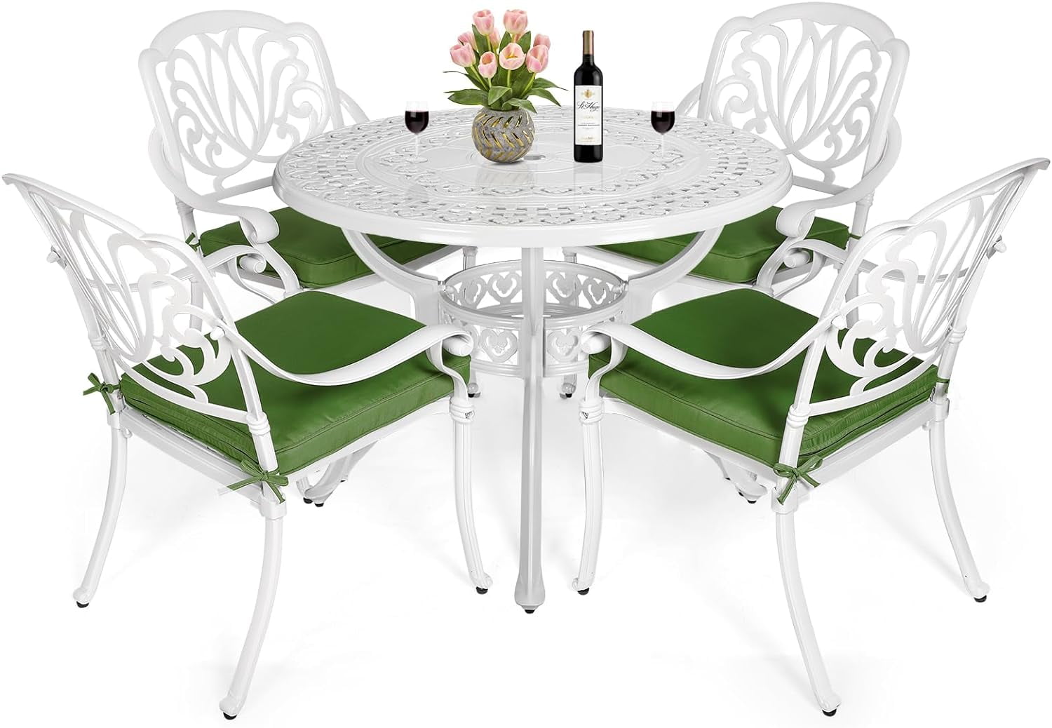 MEETWARM 5 Piece Patio Dining Set, Outdoor All-Weather Cast Aluminum Dining Table Set, Patio Furniture Set for Backyard Garden Deck, Include 4 Chairs, 4 Cushions and 1 Round Table, White