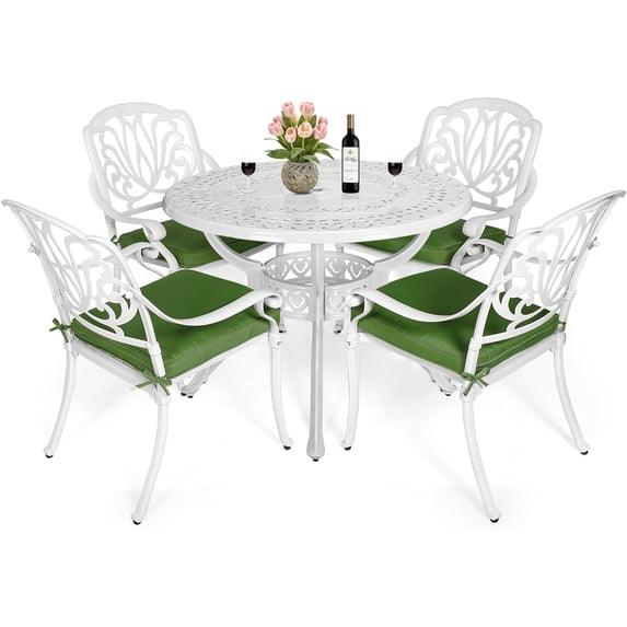 MEETWARM 5 Piece Patio Dining Set, Outdoor All-Weather Cast Aluminum Dining Table Set, Patio Furniture Set for Backyard Garden Deck, Include 4 Chairs, 4 Cushions and 1 Round Table, White