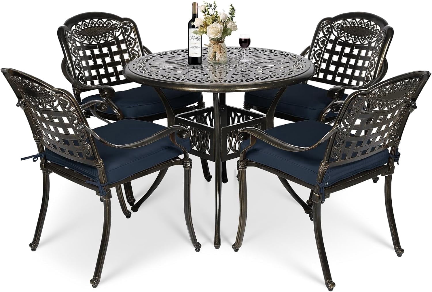 MEETWARM 5 Piece Patio Dining Set, Outdoor All-Weather Cast Aluminum Dining Table Set, Patio Furniture Set for Backyard, Include 4 Chairs with Cushions and a 35.4" Round Table, Navy Blue