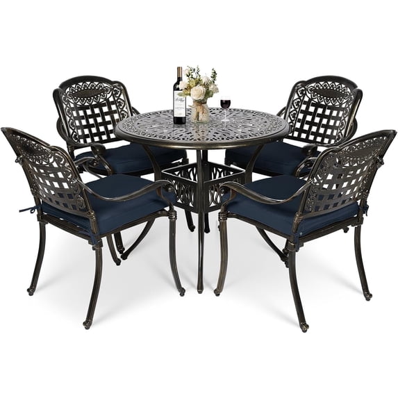 MEETWARM 5 Piece Patio Dining Set, Outdoor All-Weather Cast Aluminum Dining Table Set, Patio Furniture Set for Backyard, Include 4 Chairs with Cushions and a 35.4" Round Table, Navy Blue