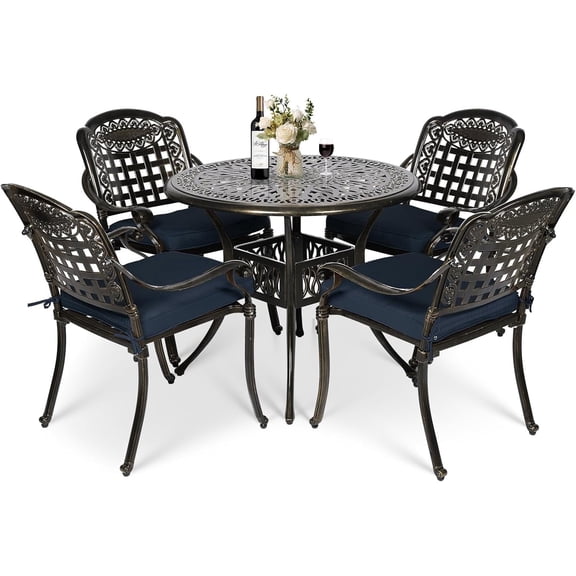 MEETWARM 5 Piece Patio Dining Set, Outdoor All-Weather Cast Aluminum Dining Table Set, Patio Furniture Set for Backyard, Include 4 Chairs with Cushions and a 35.4" Round Table, Navy Blue