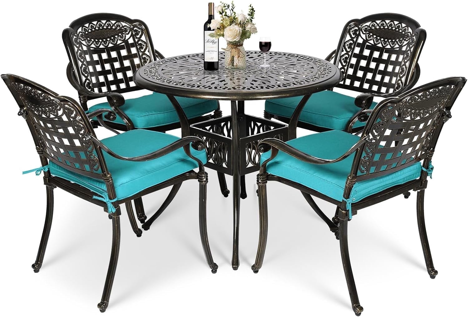 MEETWARM 5 Piece Patio Dining Set, Outdoor All-Weather Cast Aluminum Dining Table Set, Patio Furniture Set for Backyard, Include 4 Chairs with Cushions and a 35.4" Round Table, Ocean Blue