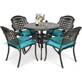 thumbnail image 1 of MEETWARM 5 Piece Patio Dining Set, Outdoor All-Weather Cast Aluminum Dining Table Set, Patio Furniture Set for Backyard, Include 4 Chairs with Cushions and a 35.4" Round Table, Ocean Blue, 1 of 7