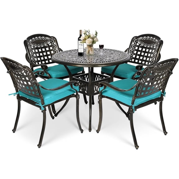 MEETWARM 5 Piece Patio Dining Set, Outdoor All-Weather Cast Aluminum Dining Table Set, Patio Furniture Set for Backyard, Include 4 Chairs with Cushions and a 35.4" Round Table, Ocean Blue