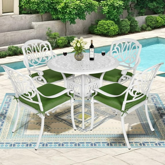 MEETWARM 5 Piece Patio Dining Set, Outdoor All-Weather Cast Aluminum Dining Table Set, Patio Furniture Set, Include 4 Chairs, 4 Cushions and 1 Round Table with Umbrella Hole, White