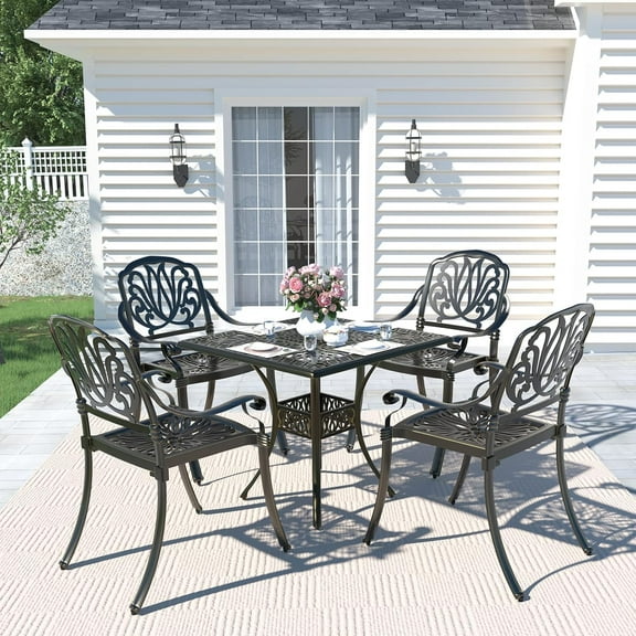 MEETWARM 5-Piece Patio Dining Set with 4 Chairs and 1 Square Table, Cast Aluminum, Black
