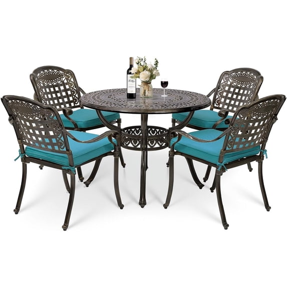MEETWARM 5 Piece Patio Dining Set, Outdoor All-Weather Cast Aluminum Dining Table Set, Patio Furniture Set for Backyard Garden Deck, Include 4 Chairs, 4 Cushions and 1 Round Table, Ocean Blue