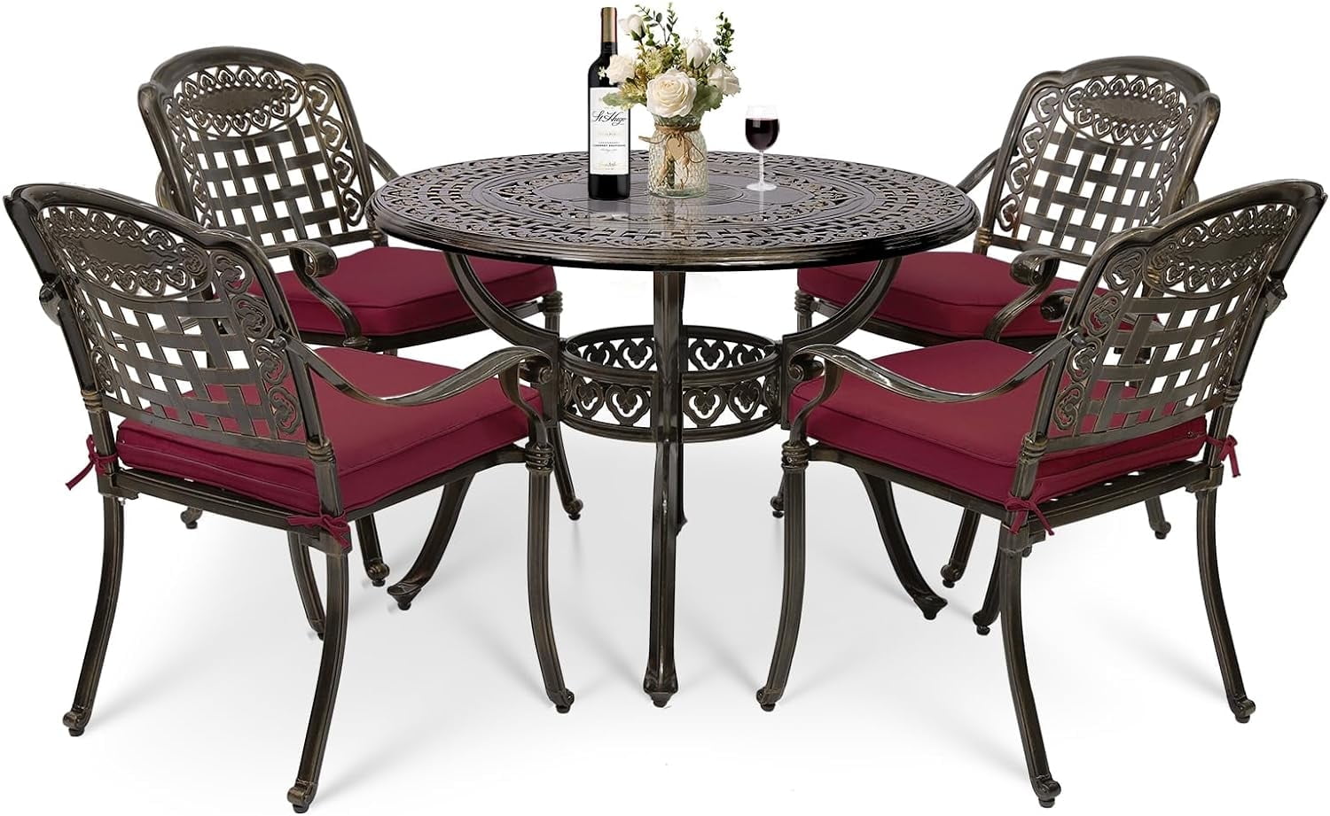 MEETWARM 5 Piece Patio Dining Set, Outdoor All-Weather Cast Aluminum Dining Table Set, Patio Furniture Set for Backyard Garden Deck, Include 4 Chairs, 4 Cushions and 1 Round Table, Chili Red