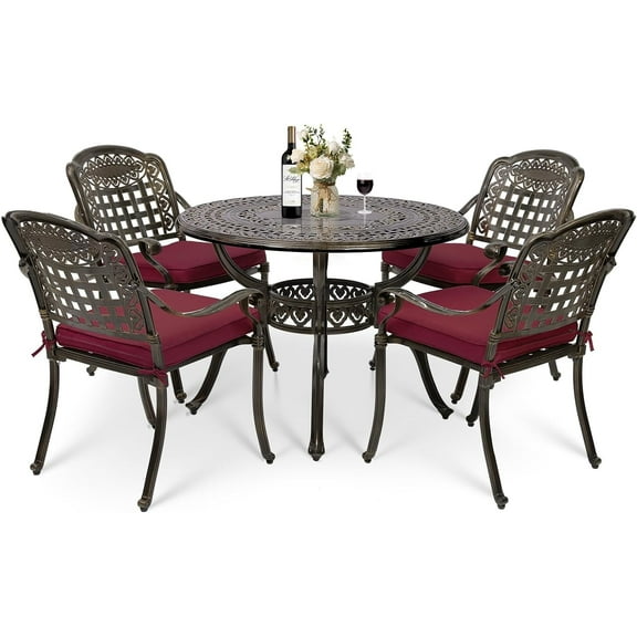 MEETWARM 5 Piece Patio Dining Set, Outdoor All-Weather Cast Aluminum Dining Table Set, Patio Furniture Set for Backyard Garden Deck, Include 4 Chairs, 4 Cushions and 1 Round Table, Chili Red