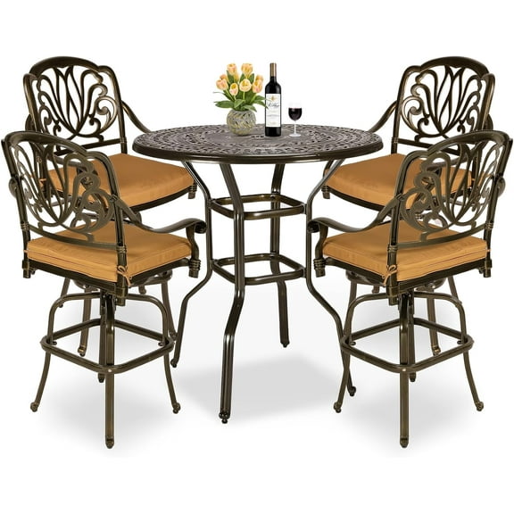 MEETWARM 5-Piece Patio Swivel Bar Set, All-Weather Cast Aluminum Outdoor High Bar Stool Bistro Set for Backyard Garden with 4 Cushions Bar Chairs with Footrest and 38.5" Bar Table, 2" Umbrella Hole
