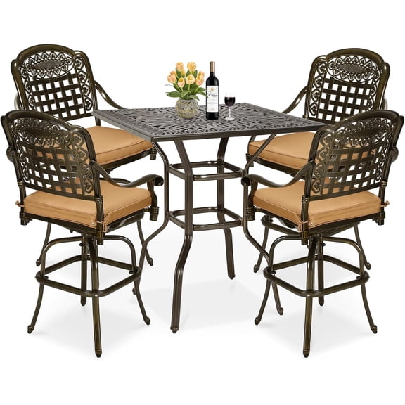 MEETWARM 5-Piece Patio Swivel Bar Set, All-Weather Cast Aluminum Outdoor High Bar Stool Bistro Set for Backyard Garden w/ 4 Cushions Bar Chairs with Footrest and 35.4" Bar Table, 2.2" Umbrella Hole