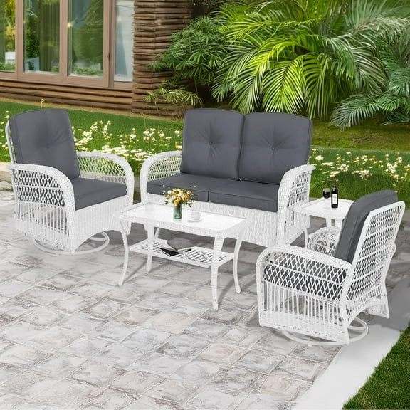 MEETWARM 5 Pieces Outdoor Patio Rattan Furniture Sets, All Weather Patio Wicker Conversation Set - 2 Rocking Swivel Chairs 1 Rattan Loveseat Glider with Cushions, 2 Coffee Table, White Wicker/Grey