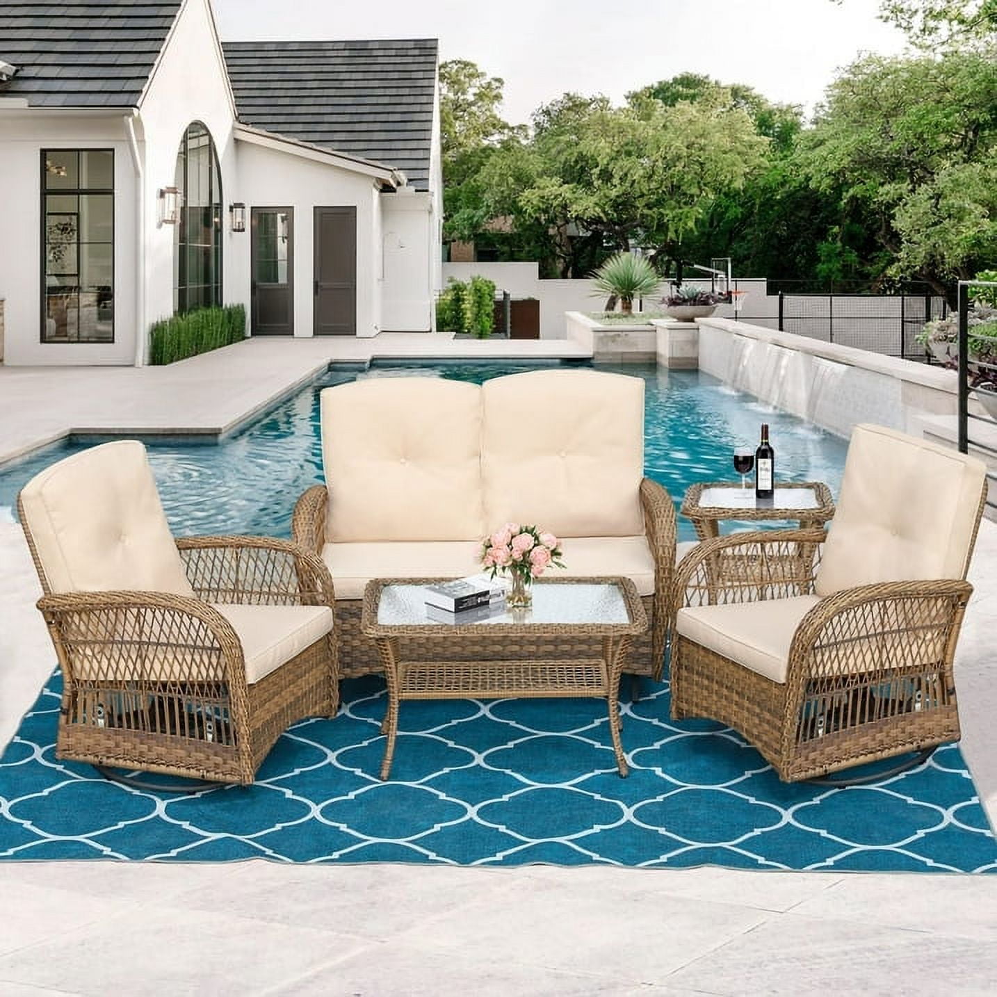MEETWARM 5 Pieces Outdoor Patio Rattan Furniture Sets All Weather Patio Wicker Conversation Set 2 Rocking Swivel Chairs 1 Rattan Loveseat Glider