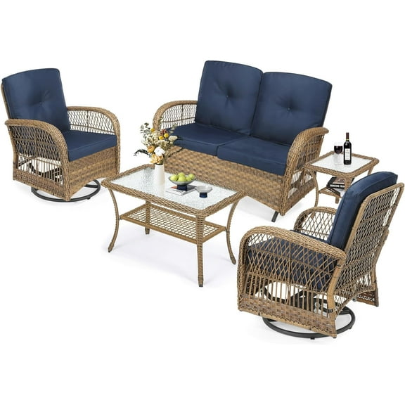 Meetwarm 5 Stainless Steel All Weather Outdoor Conversation Sets with Coffee Table, Brown/Navy