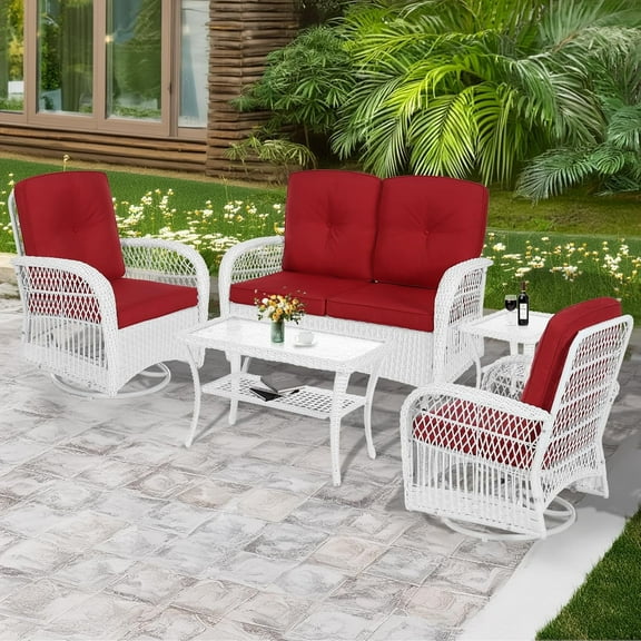 MEETWARM 5 Pieces Outdoor Patio Rattan Furniture Sets, All Weather Patio Wicker Conversation Set - 2 Rocking Swivel Chairs 1 Rattan Loveseat Glider with Cushions, 2 Coffee Table, White Wicker/Red