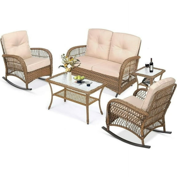Meetwarm 5 Stainless Steel Breathable Outdoor Conversation Sets with Glider and Chair, Brown/Beige