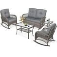 thumbnail image 1 of MEETWARM 5 Pieces Outdoor Wicker Patio Conversation Sets with Glider Loveseat, 2 Chairs with 2 Glass-Top Coffee Table Wicker Rocking Glider Set, Wicker Conversation Set w/Thickened Cushions, Gray, 1 of 9