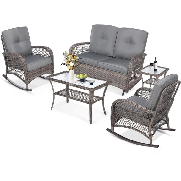 MEETWARM 5 Pieces Outdoor Wicker Patio Conversation Sets with Glider Loveseat, 2 Chairs with 2 Glass-Top Coffee Table Wicker Rocking Glider Set, Wicker Conversation Set w/Thickened Cushions, Gray