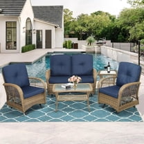 MEETWARM 5 Stainless Steel Washable Outdoor Conversation Sets with Glider and Table, Brown/Navy