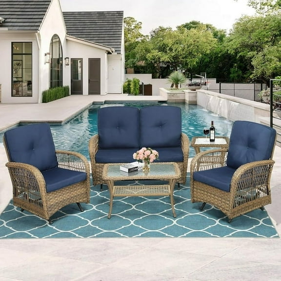 MEETWARM 5 Stainless Steel Washable Outdoor Conversation Sets with Glider and Table, Brown/Navy