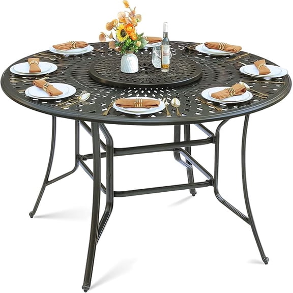 MEETWARM 61" Outdoor High Bar Dining Table for 8 Person, All Weather Cast Aluminum Large Round High Top Dining Table with 24" Lazy Susan, Patio Bar Height Table for Garden Backyard, 2" Umbrella Hole