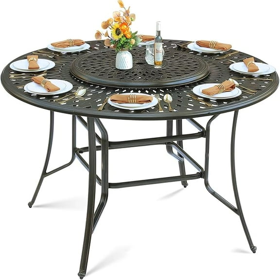 MEETWARM 61" Outdoor High Bar Dining Table for 8 Person, All Weather Cast Aluminum Large Round High Top Dining Table with 31" Lazy Susan, Patio Bar Height Table for Garden Backyard, 2" Umbrella Hole