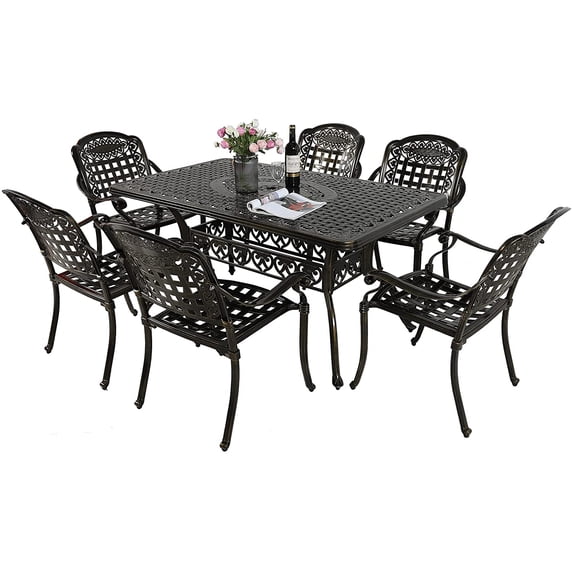 MEETWARM 7-Piece Outdoor Furniture Dining Set, All Weather Cast Aluminum Patio Garden Set with 6 Chairs, 1 Rectangular Table, 2" Umbrella Hole