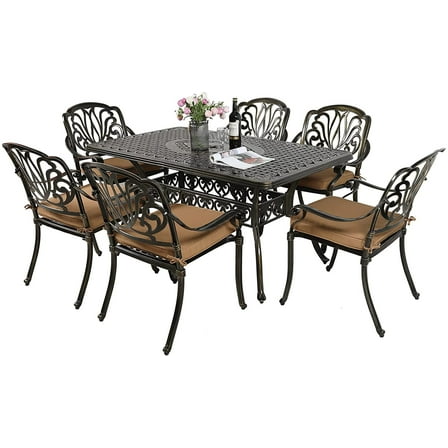 MEETWARM 7-Piece Outdoor Patio Dining Set, 6 Outdoor Cushioned Dining Chairs and 1 Rectangle Table with 2" Umbrella Hole, All Weather Cast Aluminum Patio Furniture Set for Backyard