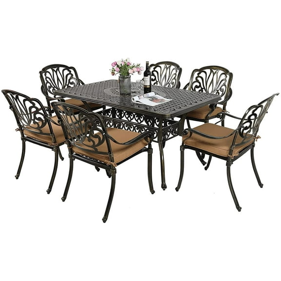 MEETWARM 7-Piece Outdoor Patio Dining Set, 6 Outdoor Cushioned Dining Chairs and 1 Rectangle Table with 2" Umbrella Hole, All Weather Cast Aluminum Patio Furniture Set for Backyard