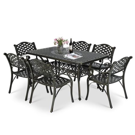 MEETWARM 7 Piece Outdoor Patio Dining Set for 6 Seater Dining Table Set, All-Weather Cast Aluminum Patio Conversation Set for Garden with 6 Chairs, 1 Rectangular Table, 2" Umbrella Hole, Dark Bronze
