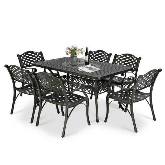 MEETWARM 7 Piece Outdoor Patio Dining Set for 6 Seater Dining Table Set, All-Weather Cast Aluminum Patio Conversation Set for Garden with 6 Chairs, 1 Rectangular Table, 2" Umbrella Hole, Dark Bronze