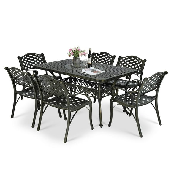 MEETWARM 7 Piece Outdoor Patio Dining Set for 6 Seater Dining Table Set, All-Weather Cast Aluminum Patio Conversation Set for Garden with 6 Chairs, 1 Rectangular Table, 2" Umbrella Hole, Dark Bronze